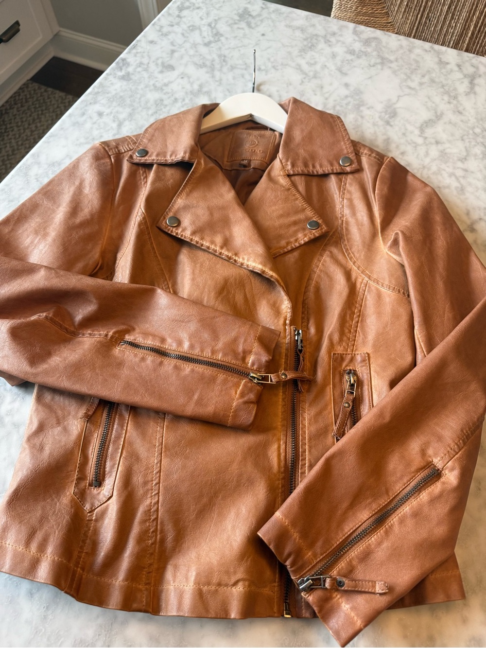 Max Studio Cognac Faux Leather Moto Jacket Women’s M Brown Biker